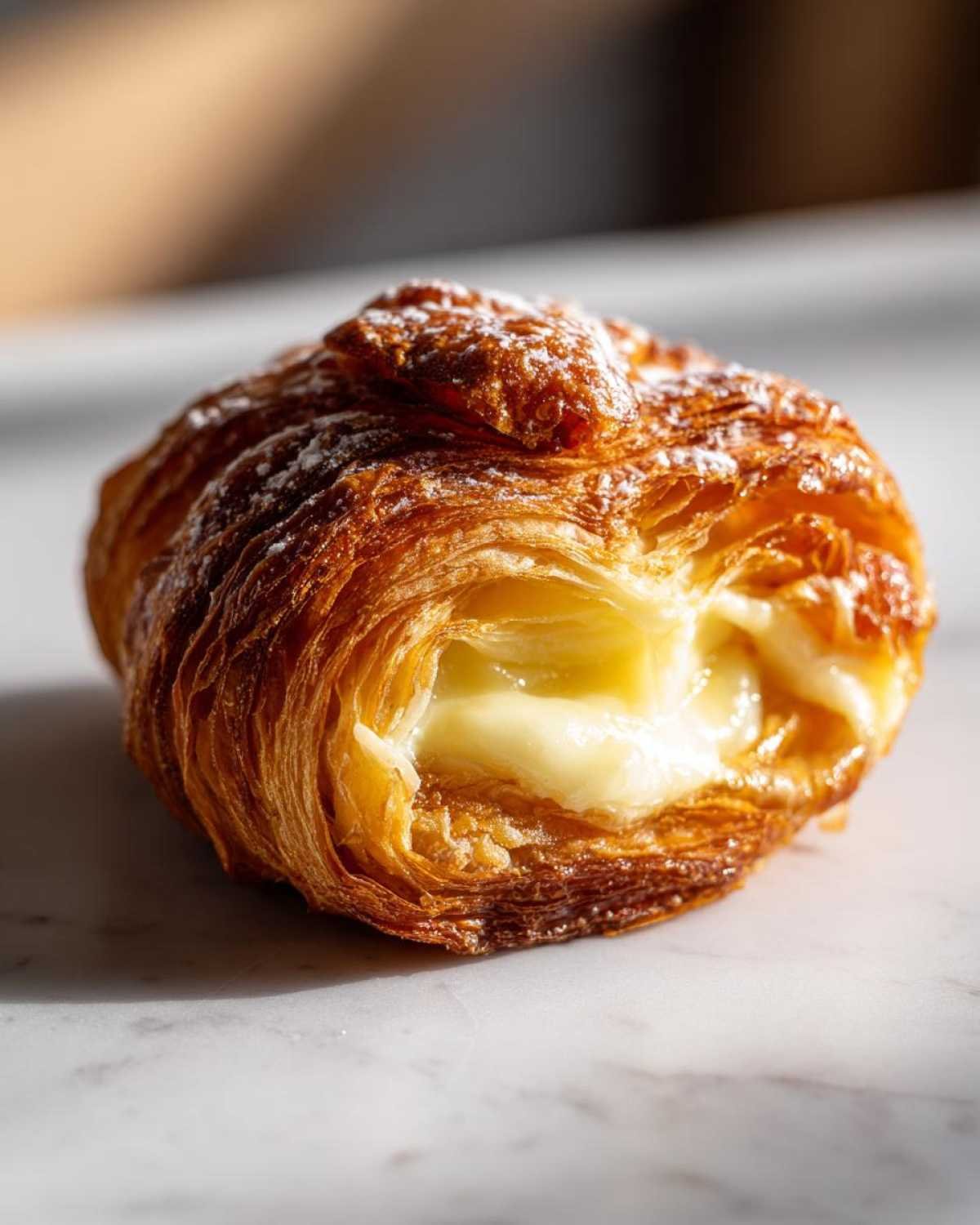 Gros plan d'un Danish cream cheese keto garni de sucre glace, révélant une garniture crémeuse.