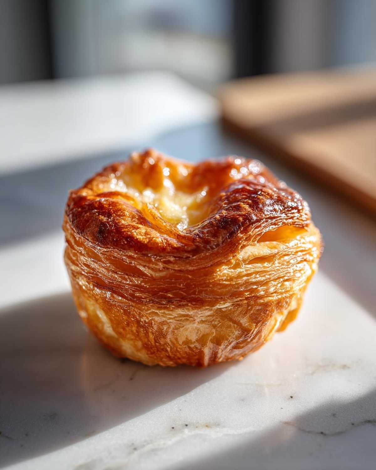 Gros plan d'une pâtisserie danoise au cream cheese keto, dorée et feuilletée.