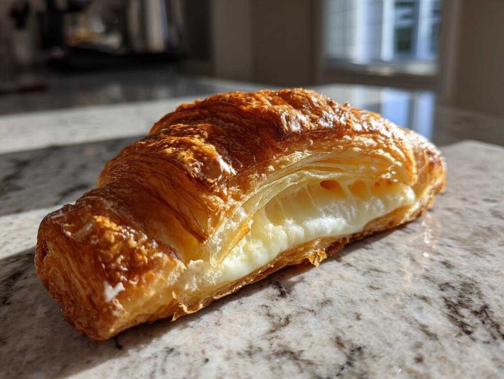 Gros plan d'une viennoiserie danoise au cream cheese keto, dorée et feuilletée.