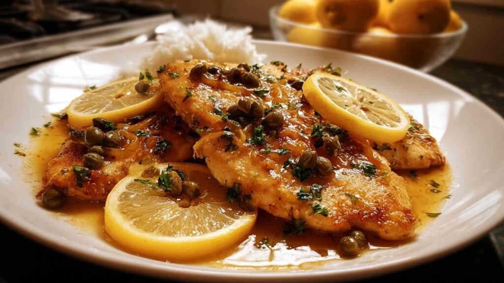 Escalope de poulet piccata dorée avec sauce citronnée et câpres