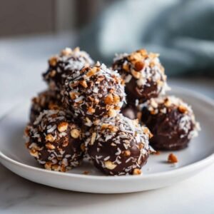 Gros plan de fat bombs chocolat keto enrobées de noix et de noix de coco râpée sur une assiette blanche.
