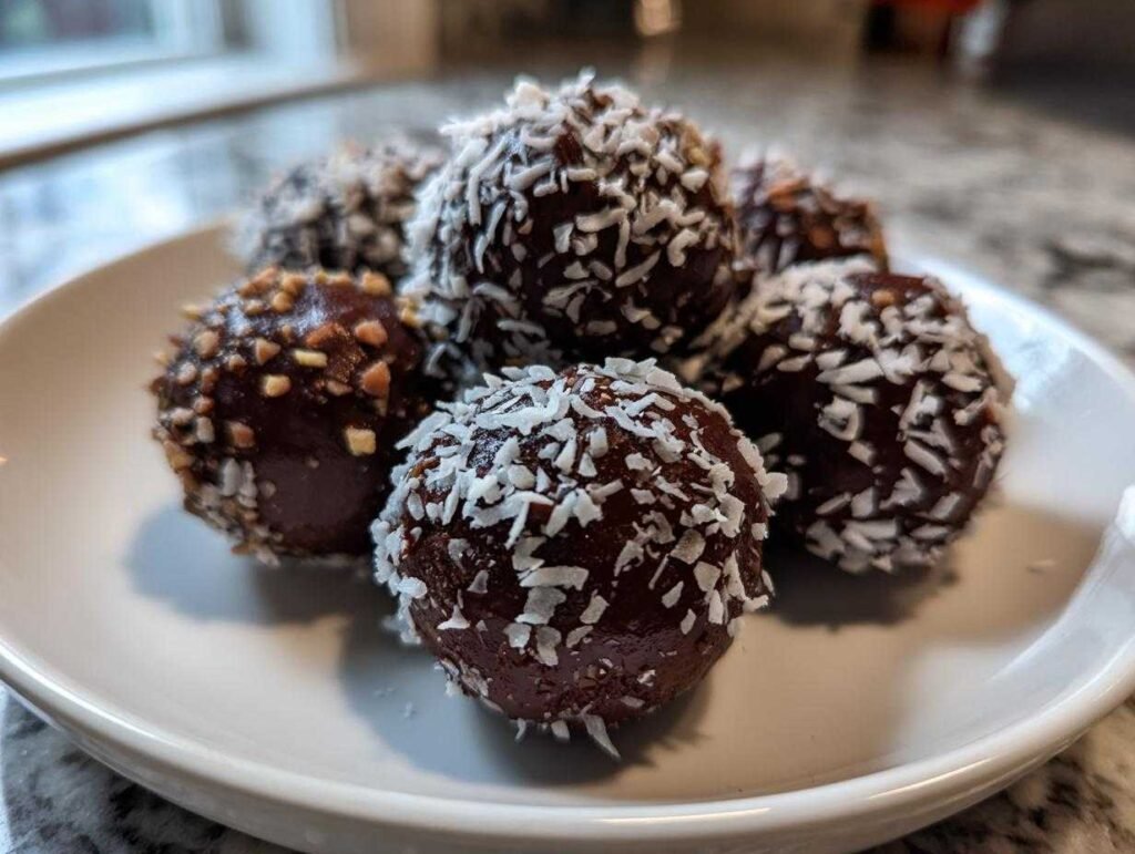 Gros plan sur des fat bombs chocolat keto sur une assiette blanche, certaines couvertes de noix de coco râpée.