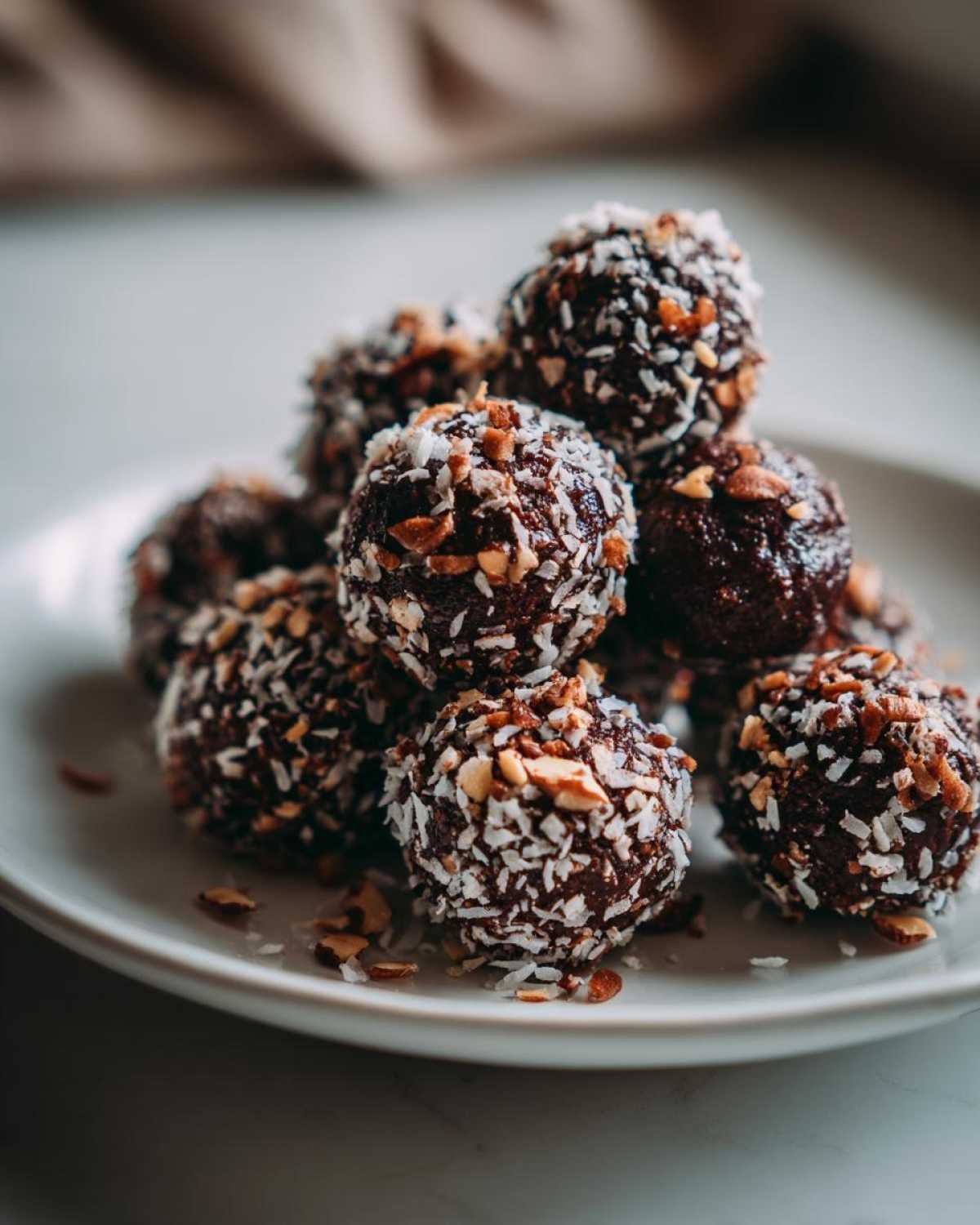 Gros plan de fat bombs chocolat keto enrobées de noix de coco râpée et d'amandes concassées.