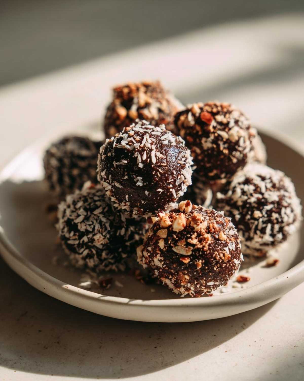 Gros plan sur des fat bombs chocolat keto roulées dans la noix de coco râpée et des éclats de noisettes.