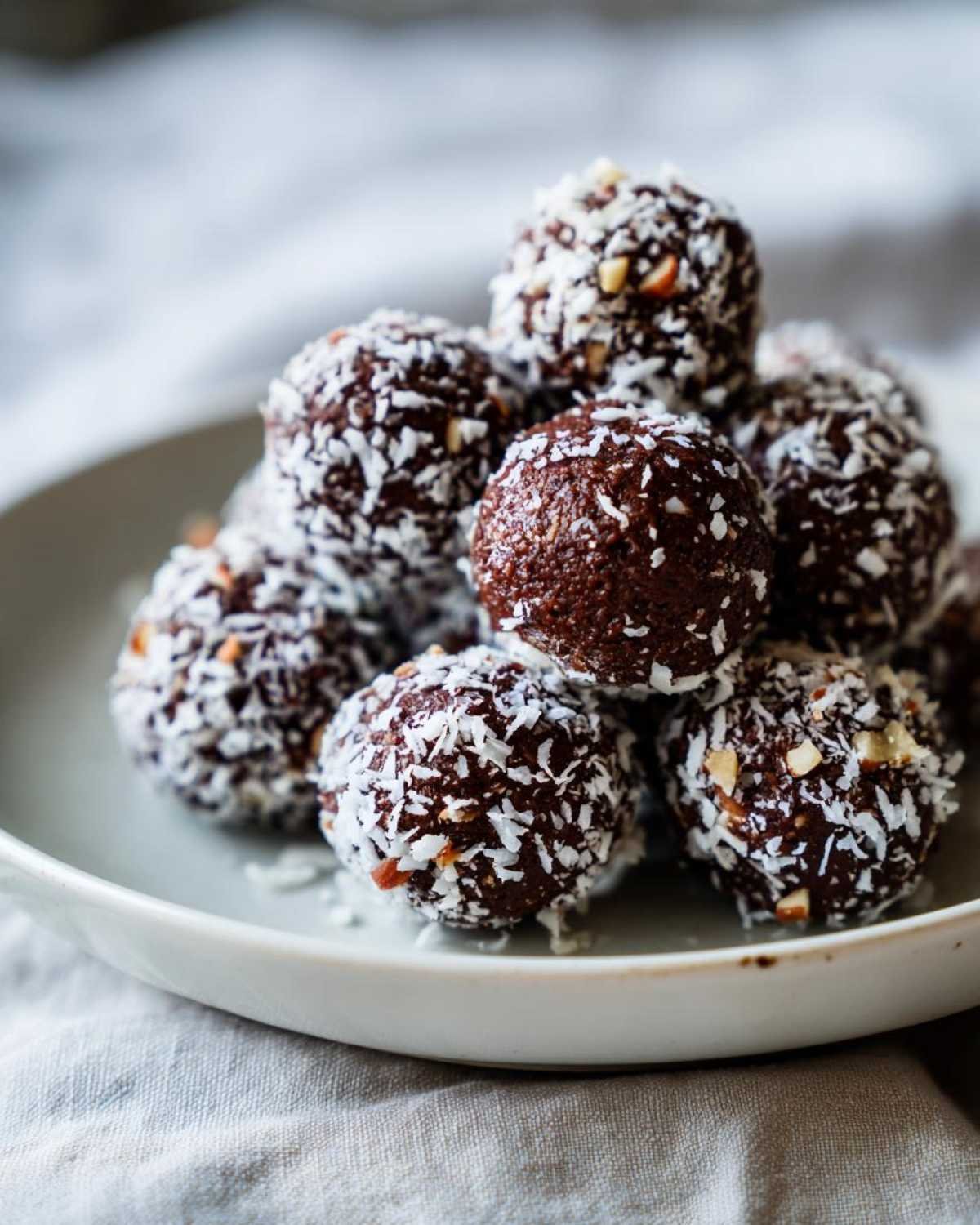 Gros plan sur une pile de fat bombs chocolat keto roulées dans la noix de coco râpée.