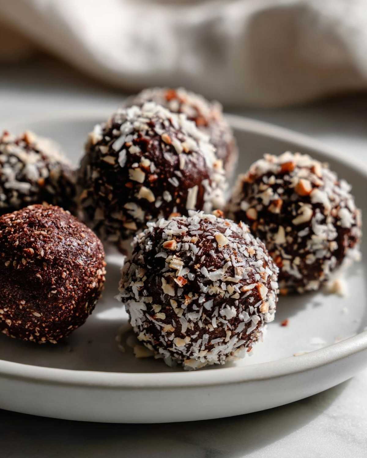 Gros plan sur des fat bombs chocolat keto sur une assiette, certaines roulées dans la noix de coco râpée et les amandes concassées.