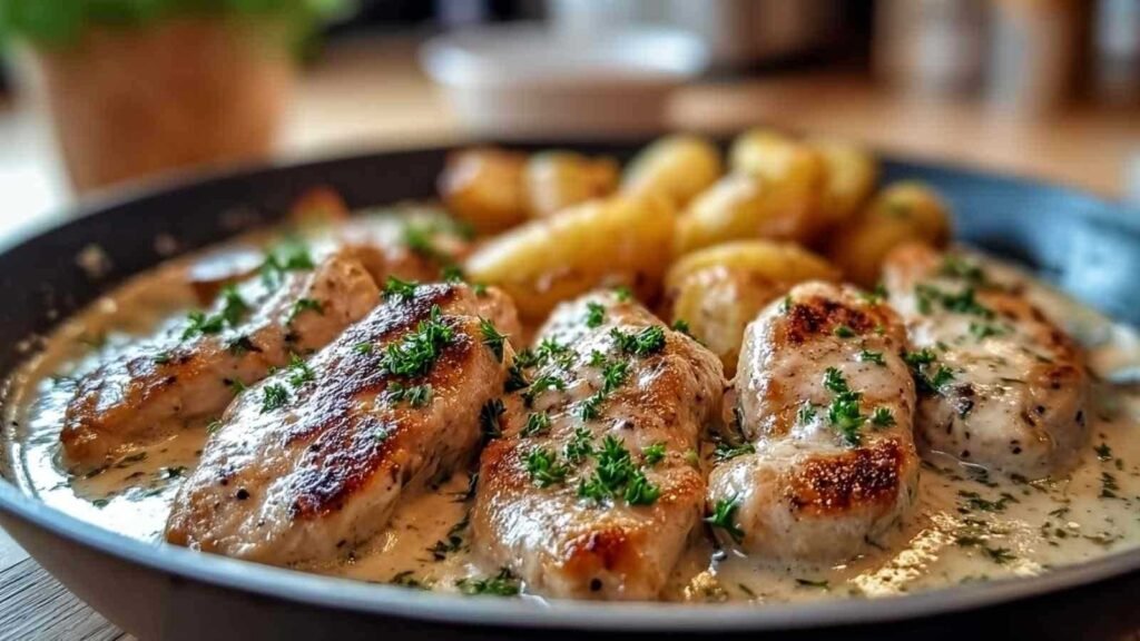 Filet de poulet sauce crémeuse ail en cours de cuisson dans une poêle