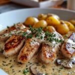 Filet de poulet doré dans une poêle avec sauce crémeuse à l'ail