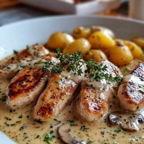 Filet de poulet doré dans une poêle avec sauce crémeuse à l'ail