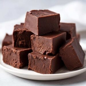 Gros plan sur une pile de fudge keto 3 ingrédients au chocolat, coupés en carrés sur une assiette blanche.