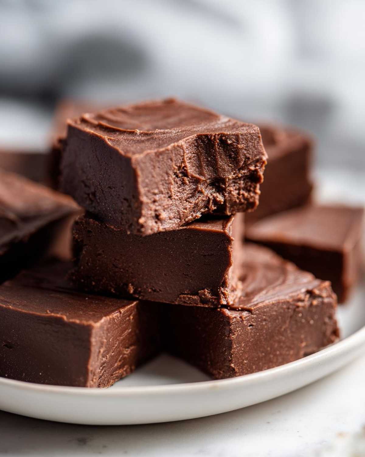 Gros plan de morceaux de fudge keto 3 ingrédients au chocolat, empilés sur une assiette blanche.