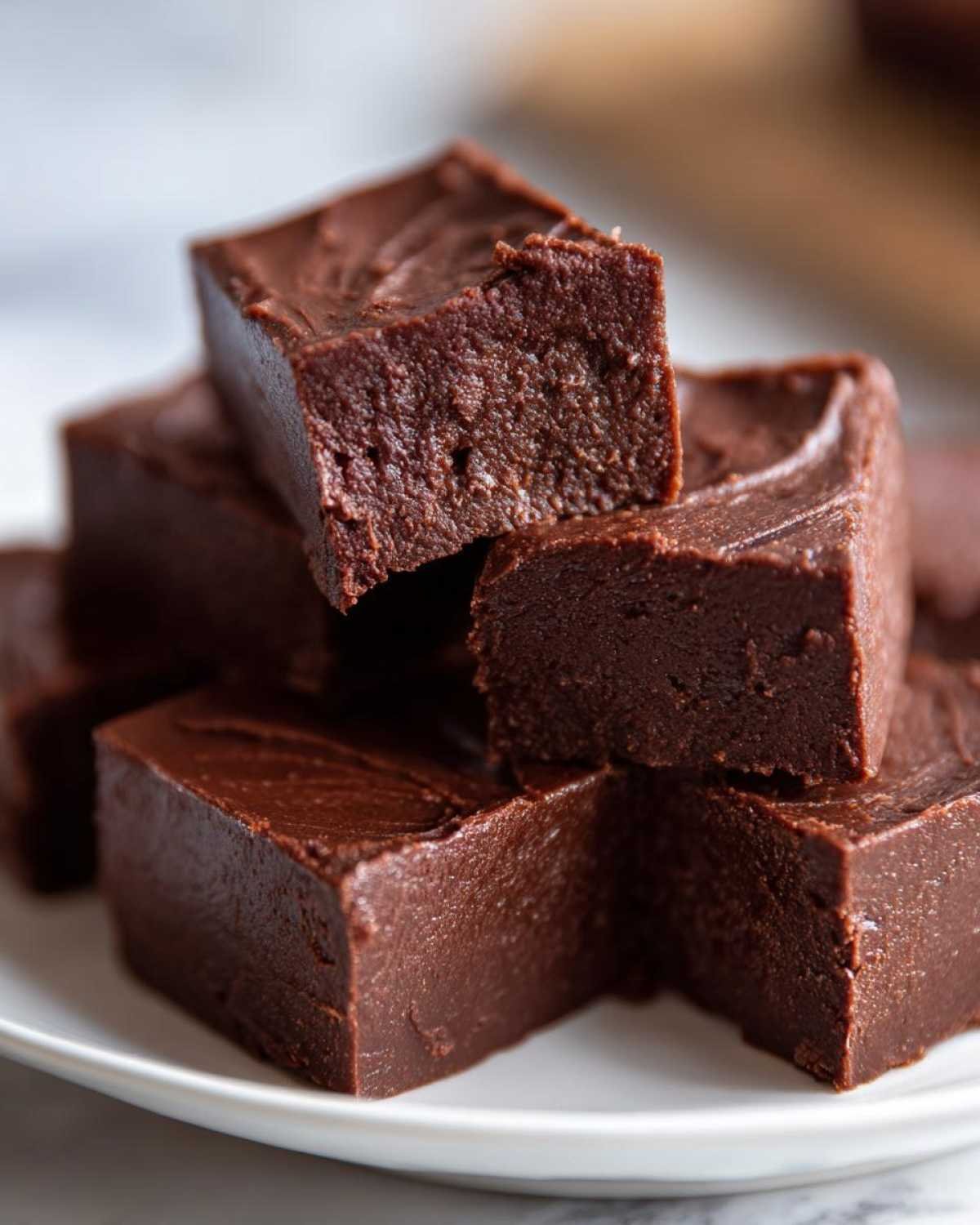 Gros plan de morceaux de fudge keto 3 ingrédients au chocolat, empilés sur une assiette blanche.