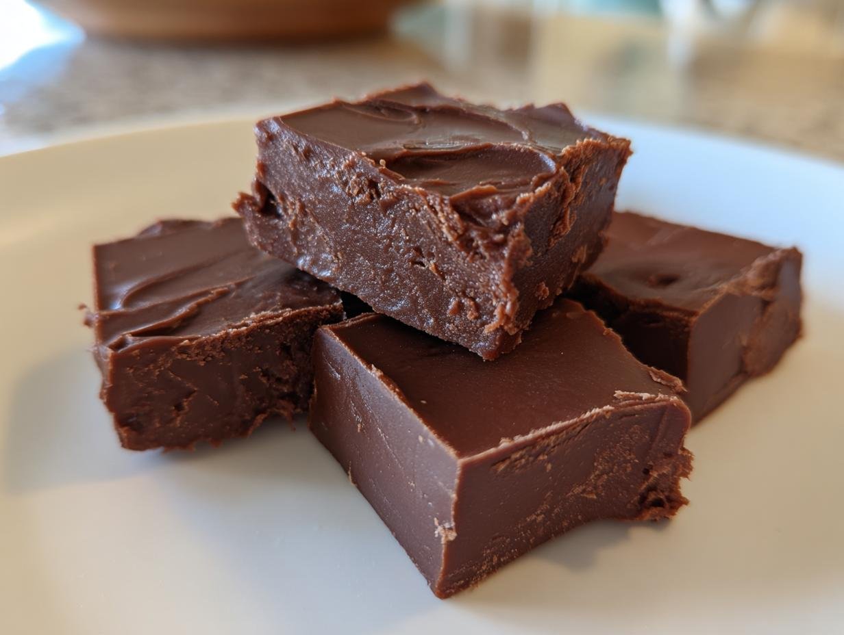 Gros plan de carrés de fudge keto 3 ingrédients au chocolat sur une assiette blanche.