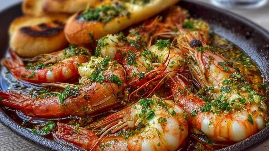 Gambas grillées beurre ail persil plat fini dressage