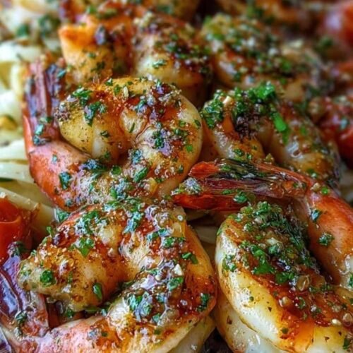 Gambas grillées dressées dans assiette avec citron