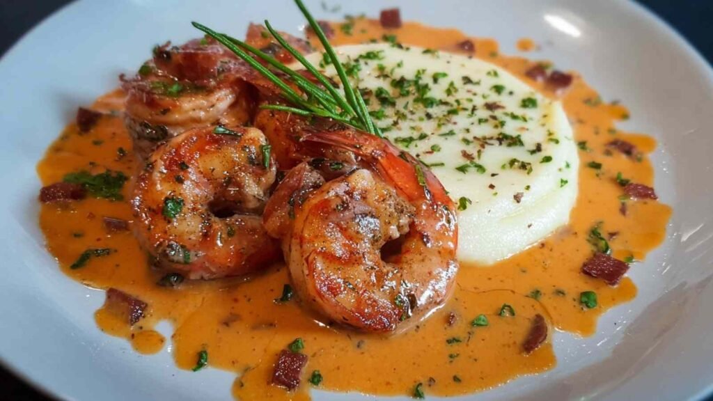 Gambas sauce chorizo servies avec purée légère et persil frais