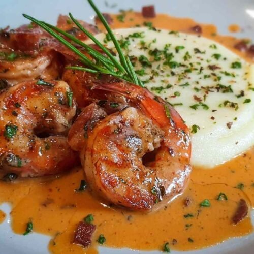 Gambas sauce chorizo servies avec purée légère et persil frais