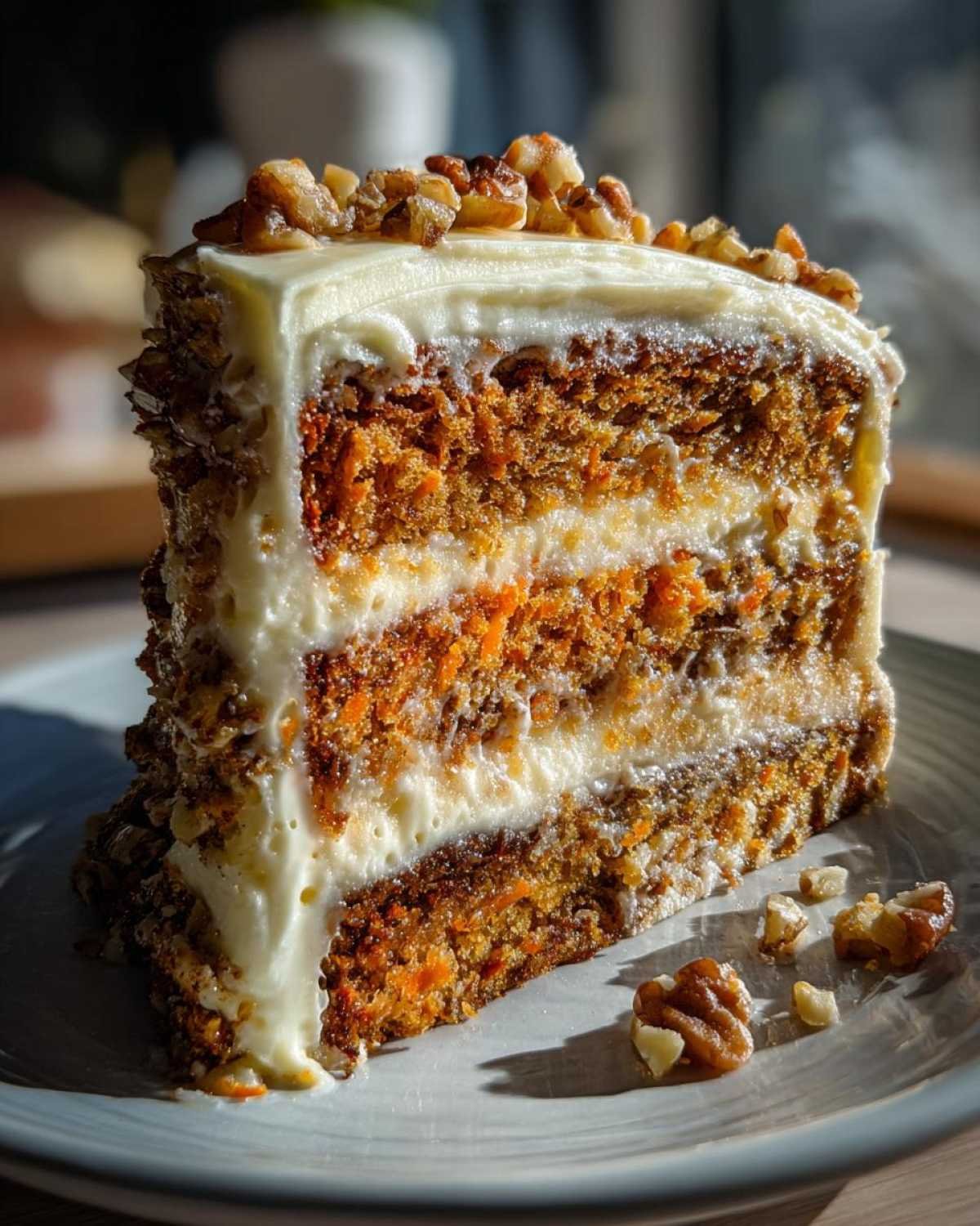 Tranche de gâteau cheesecake carottes avec trois couches de génoise et de crème, garnie de noix.