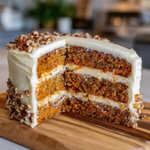 Gâteau cheesecake aux carottes à plusieurs étages avec un glaçage crémeux et des noix hachées sur le dessus et les côtés.
