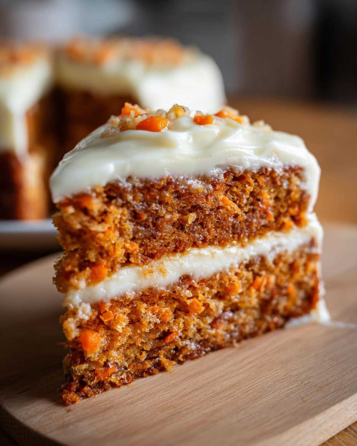 Gros plan sur une part de gâteau cheesecake aux carottes avec un glaçage crémeux et des morceaux de carottes.