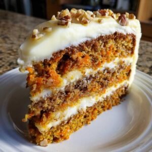 Tranche de Gâteau Cheesecake Carottes avec glaçage crémeux et noix concassées.