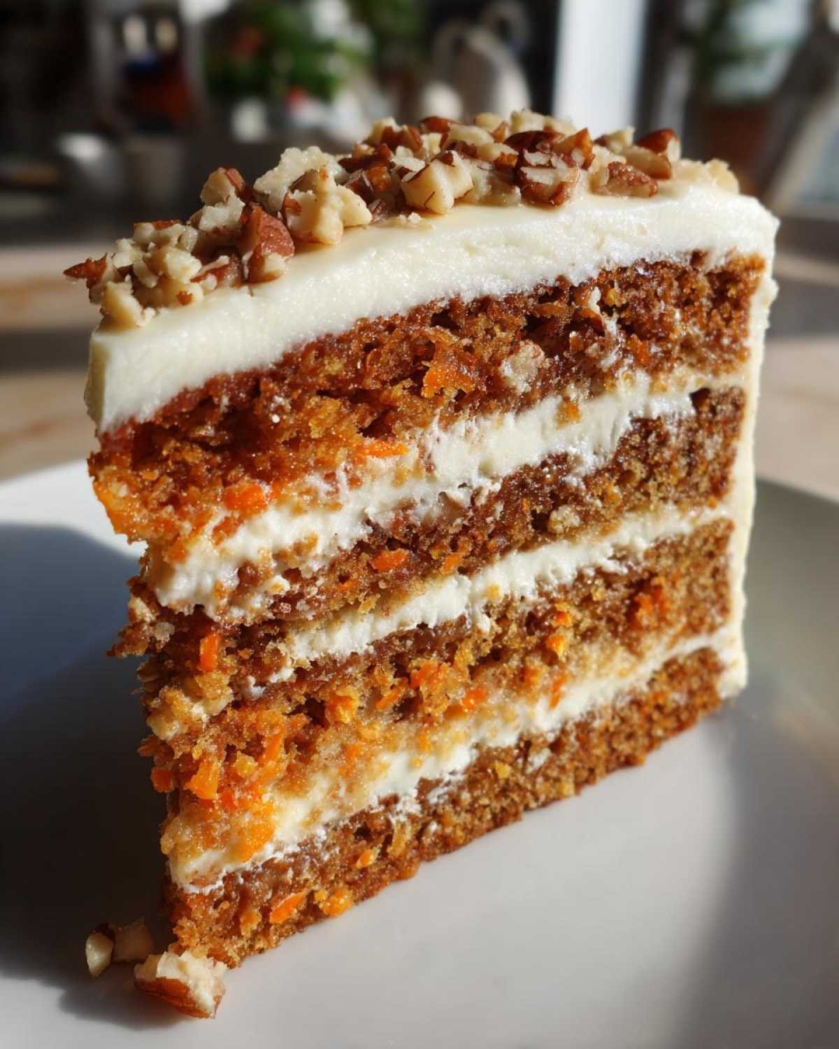 Gâteau cheesecake aux carottes à trois couches avec un glaçage crémeux et des noix hachées.