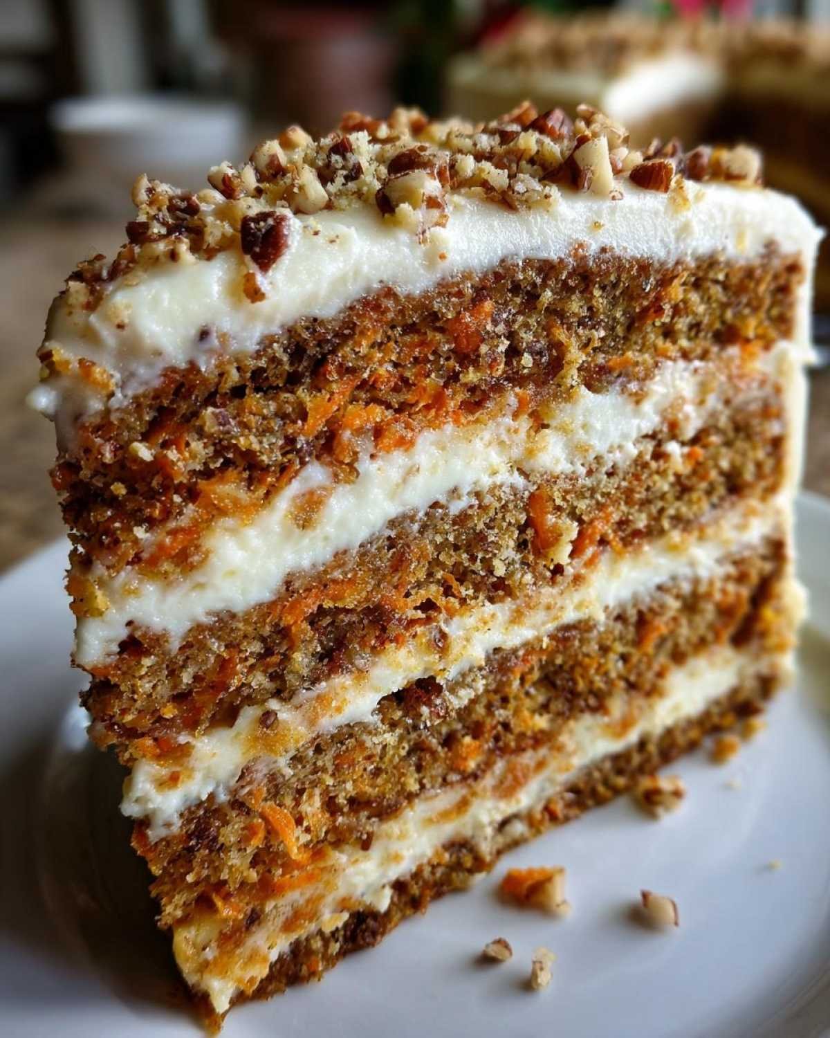 Gros plan d'une tranche de gâteau cheesecake aux carottes avec un glaçage crémeux et des noix.