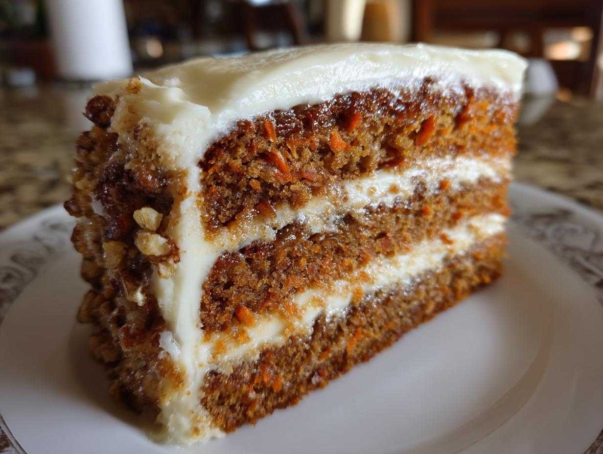 Une part généreuse de gâteau cheesecake aux carottes avec un glaçage crémeux et des noix sur les côtés.