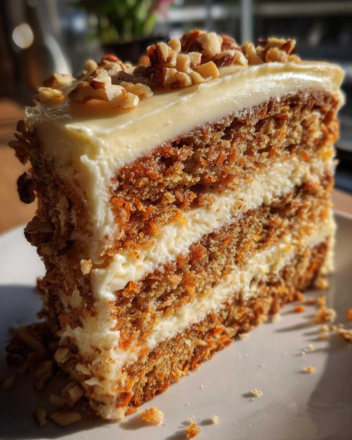 Tranche de gâteau cheesecake aux carottes à trois couches avec une garniture crémeuse et des noix.