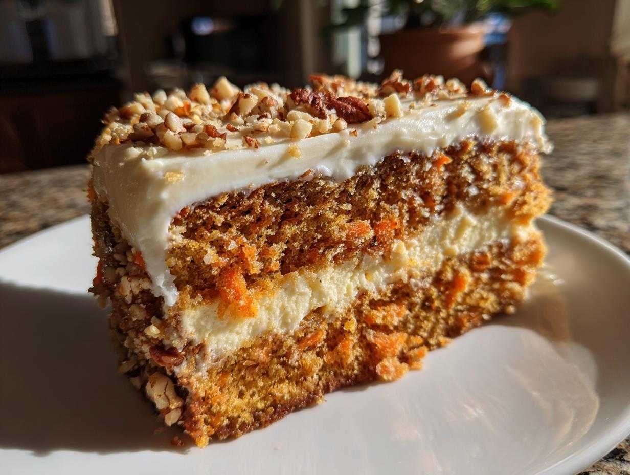 Tranche de gâteau cheesecake aux carottes avec une garniture crémeuse et des noix concassées.