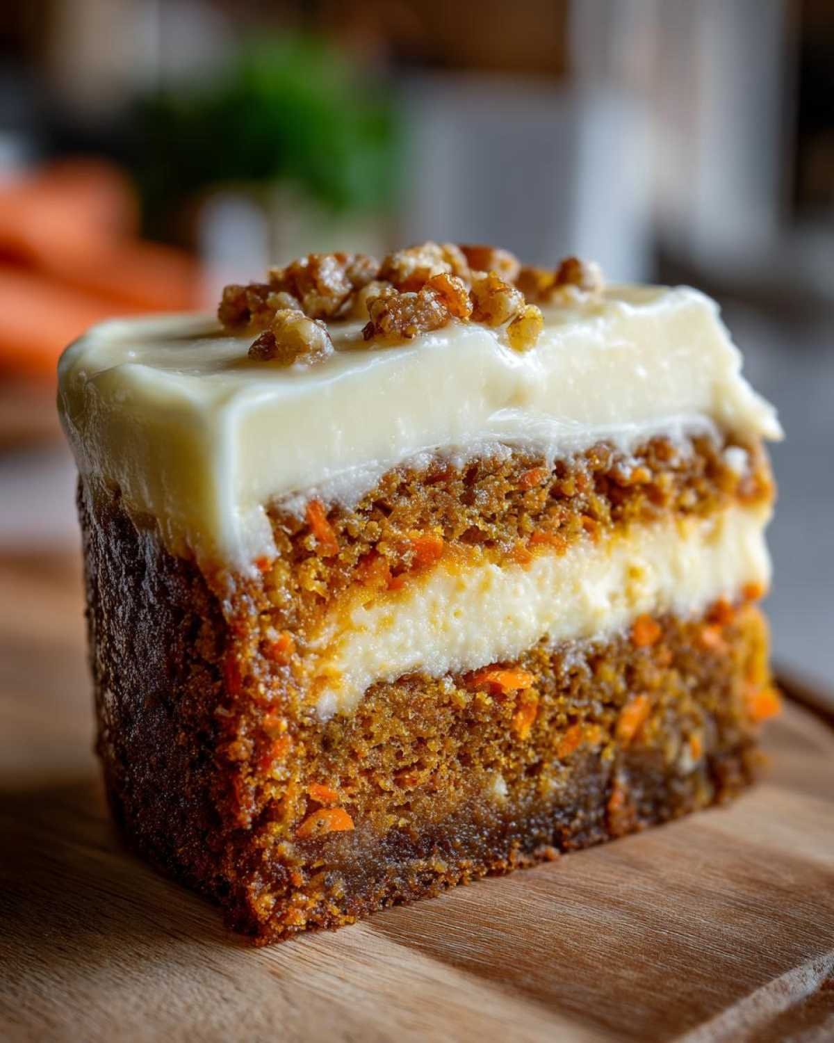 Une tranche de gâteau cheesecake aux carottes avec un glaçage crémeux et des noix sur le dessus.