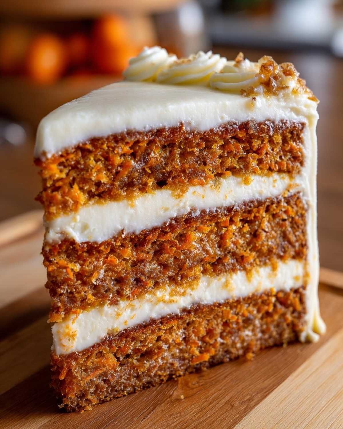 Gros plan sur une tranche de gâteau cheesecake aux carottes avec un glaçage crémeux et des décorations.
