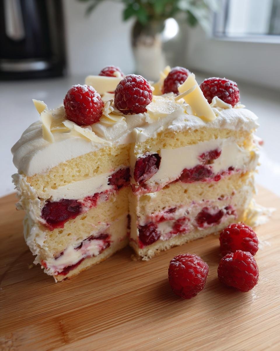 Gros plan d'une part de gâteau chocolat blanc framboise, garnie de fruits rouges et copeaux de chocolat blanc.