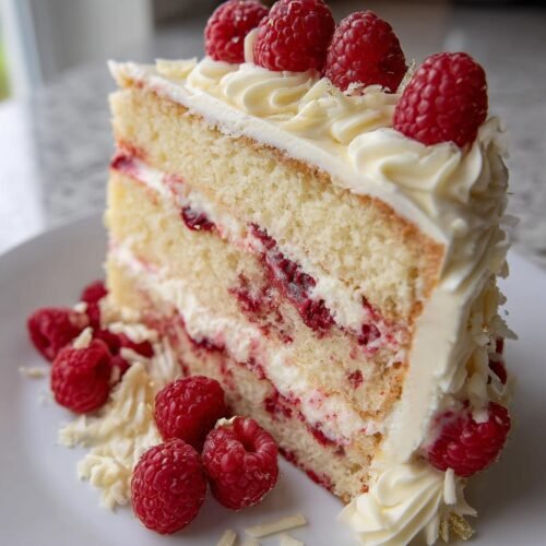Gros plan d'une tranche de gâteau chocolat blanc framboise, garnie de crème et de fruits rouges.