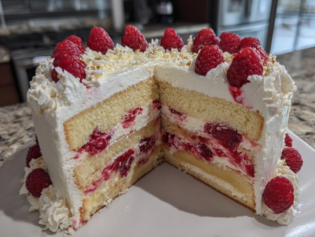 Gros plan d'une tranche de Gâteau Chocolat Blanc Framboise, garnie de framboises fraîches et de crème.
