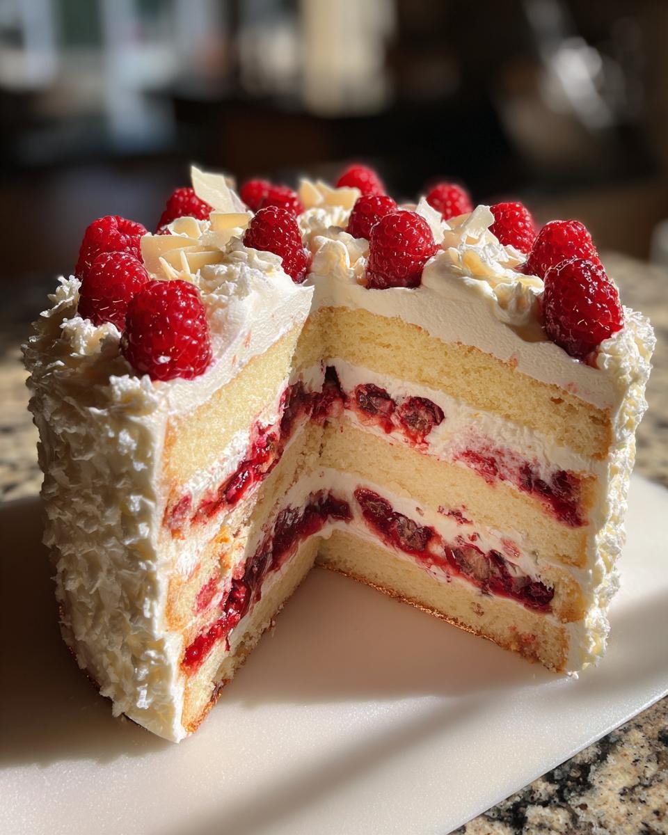 Gros plan d'une tranche de Gâteau Chocolat Blanc Framboise, révélant ses couches de génoise, crème et framboises.