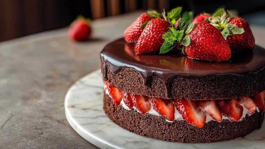 Gâteau au chocolat et aux fraises parfait avec crème fouettée et fraises fraîches