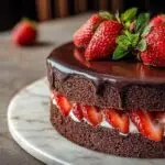 Gâteau au chocolat et aux fraises parfait avec crème fouettée et fraises fraîches