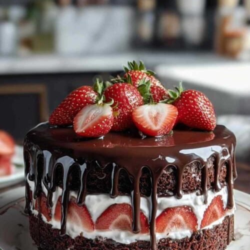 Gâteau au chocolat et aux fraises avec crème fouettée