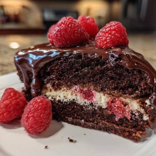 Gros plan d'une part de gâteau au chocolat et framboises, garnie de glaçage au chocolat et de framboises fraîches.