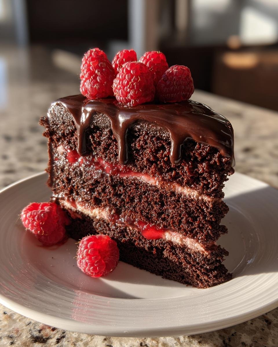 Une part de gâteau au chocolat et framboises, garnie de framboises fraîches et de glaçage au chocolat.