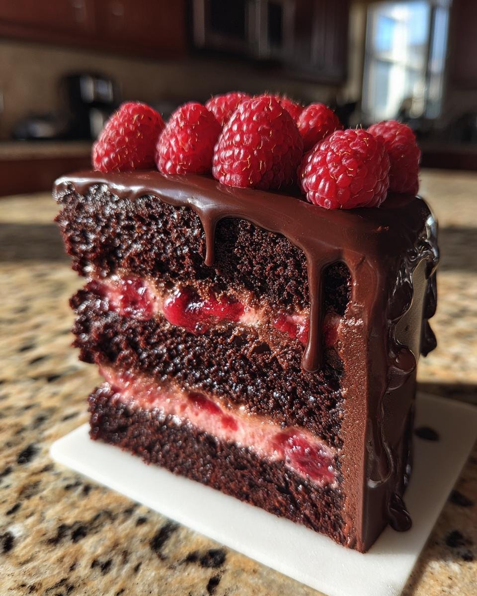 Gros plan d'une part généreuse de gâteau au chocolat et framboises, garnie de framboises fraîches et de glaçage au chocolat.