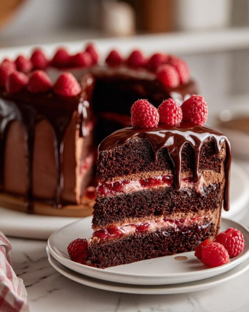 Gros plan d'une part de gâteau au chocolat et framboises, avec glaçage au chocolat et framboises fraîches.