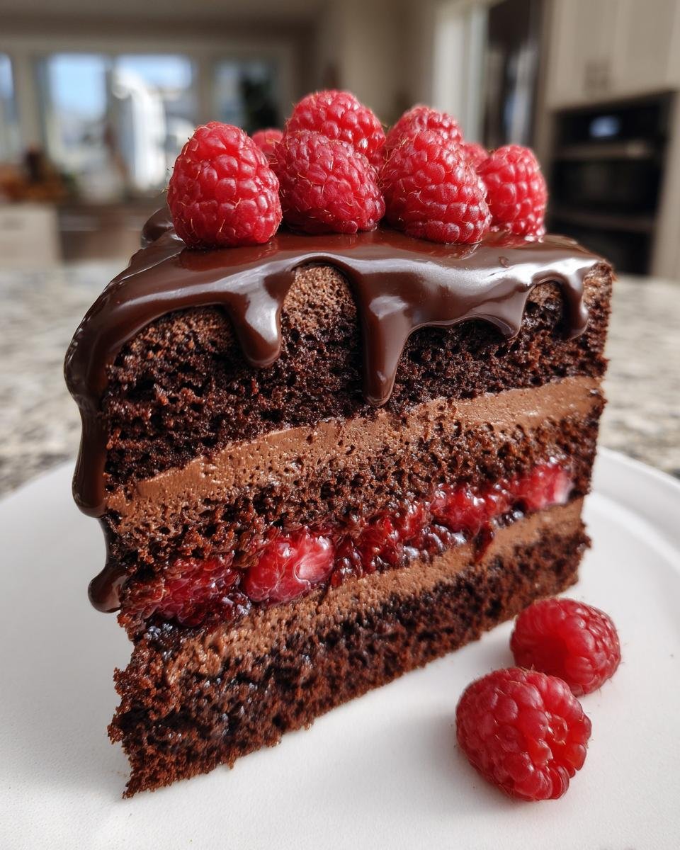 Gros plan d'une tranche de gâteau au chocolat et framboises, garnie de glaçage au chocolat et de framboises fraîches.