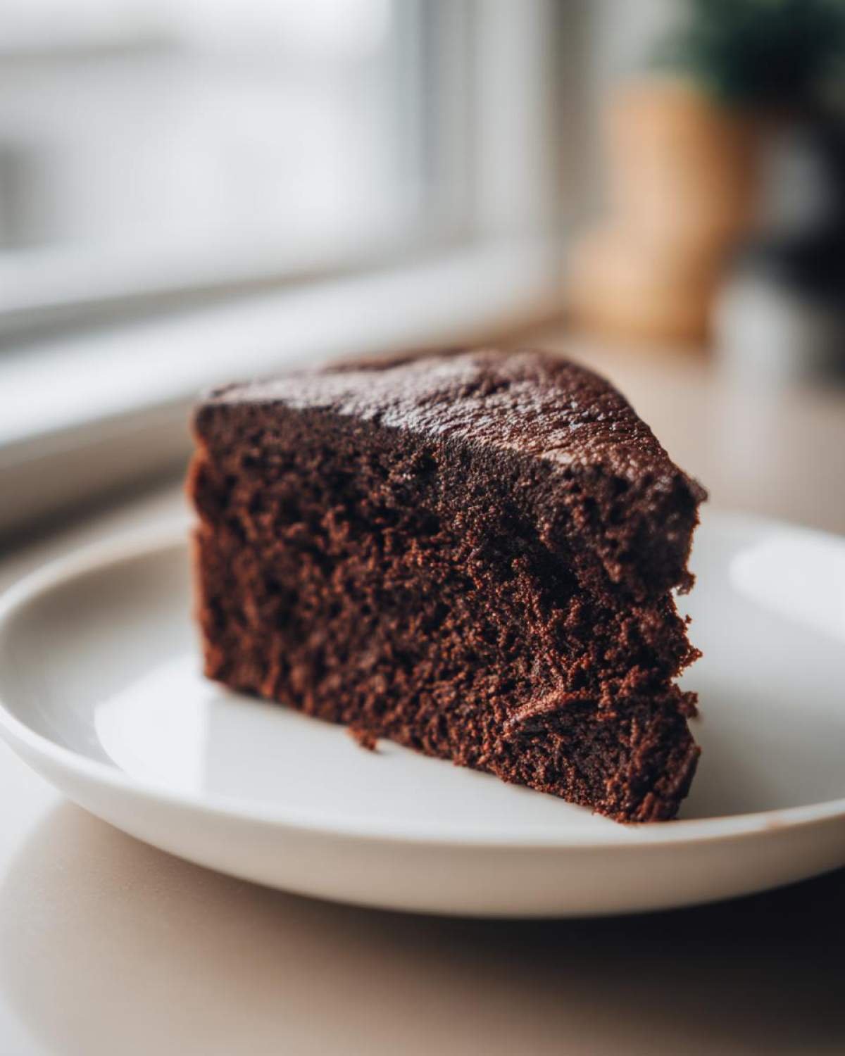 Gros plan d'une part de gâteau chocolat keto ultime sur une assiette blanche, avec une légère saupoudrée de sucre glace.