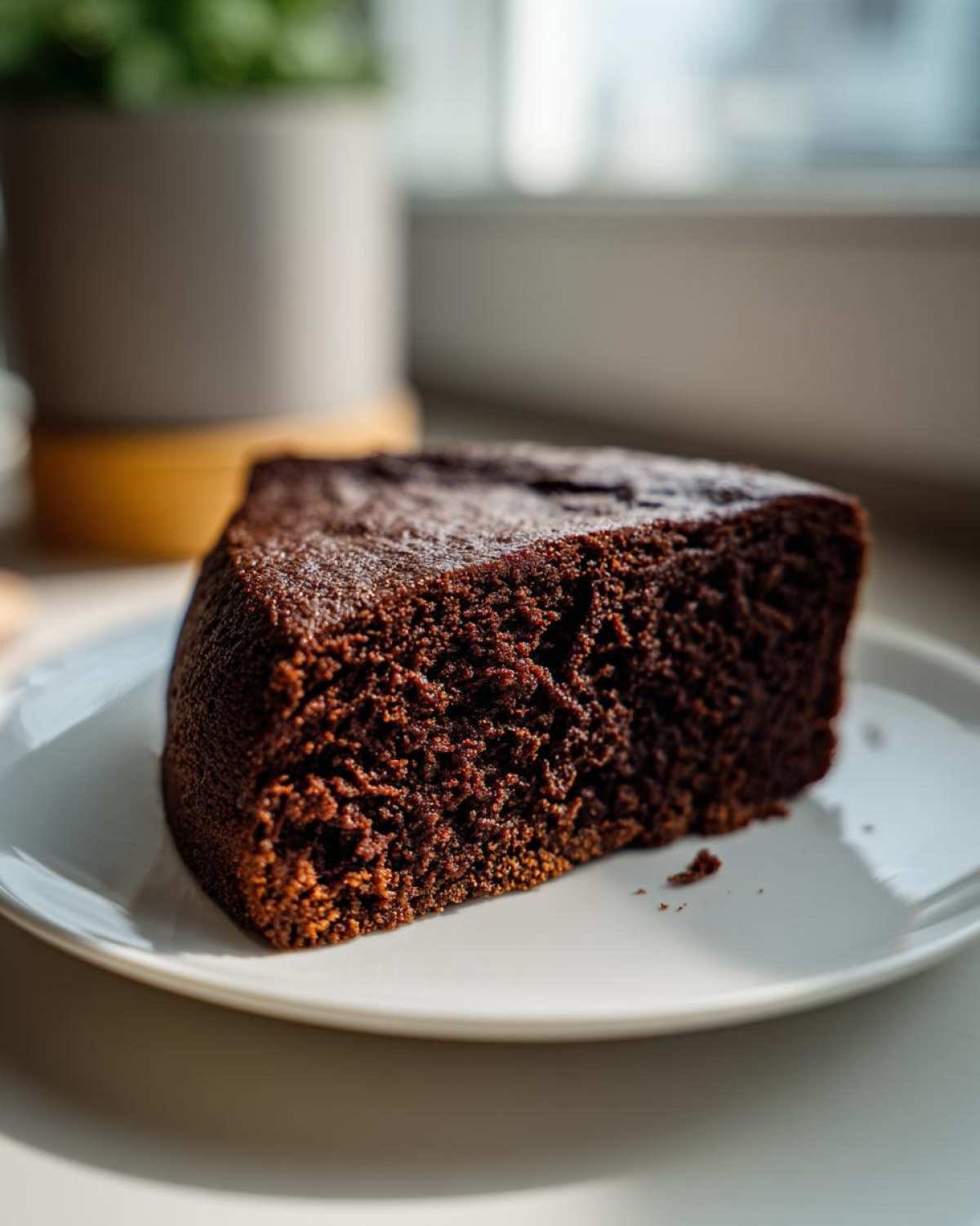 Gros plan d'une part de gâteau chocolat keto ultime sur une assiette blanche, texture aérée et riche.