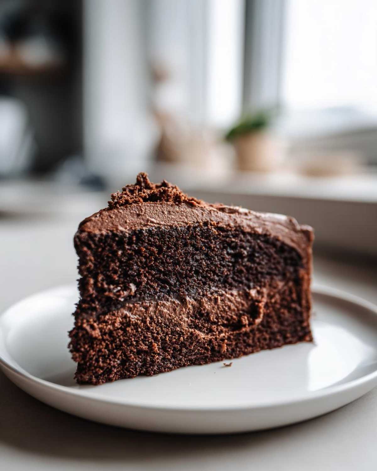Gros plan d'une part de gâteau chocolat keto ultime avec glaçage crémeux et miettes de chocolat.