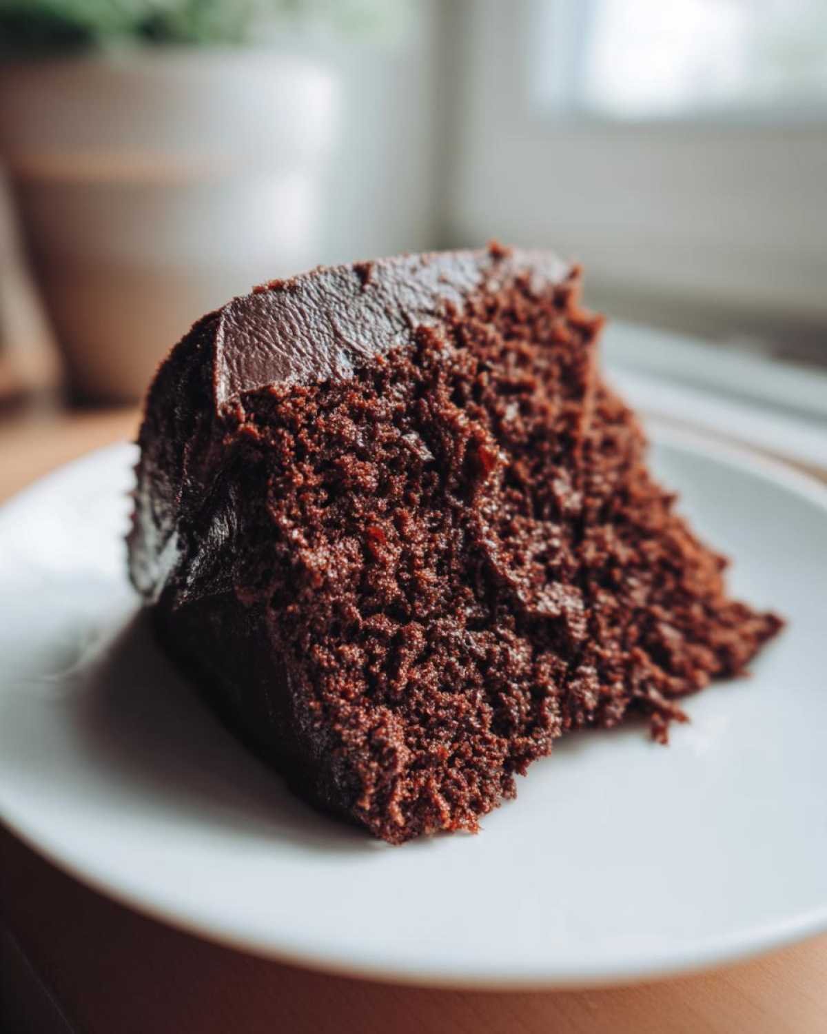 Gros plan d'une part de gâteau chocolat keto ultime, avec un glaçage brillant et une texture moelleuse.