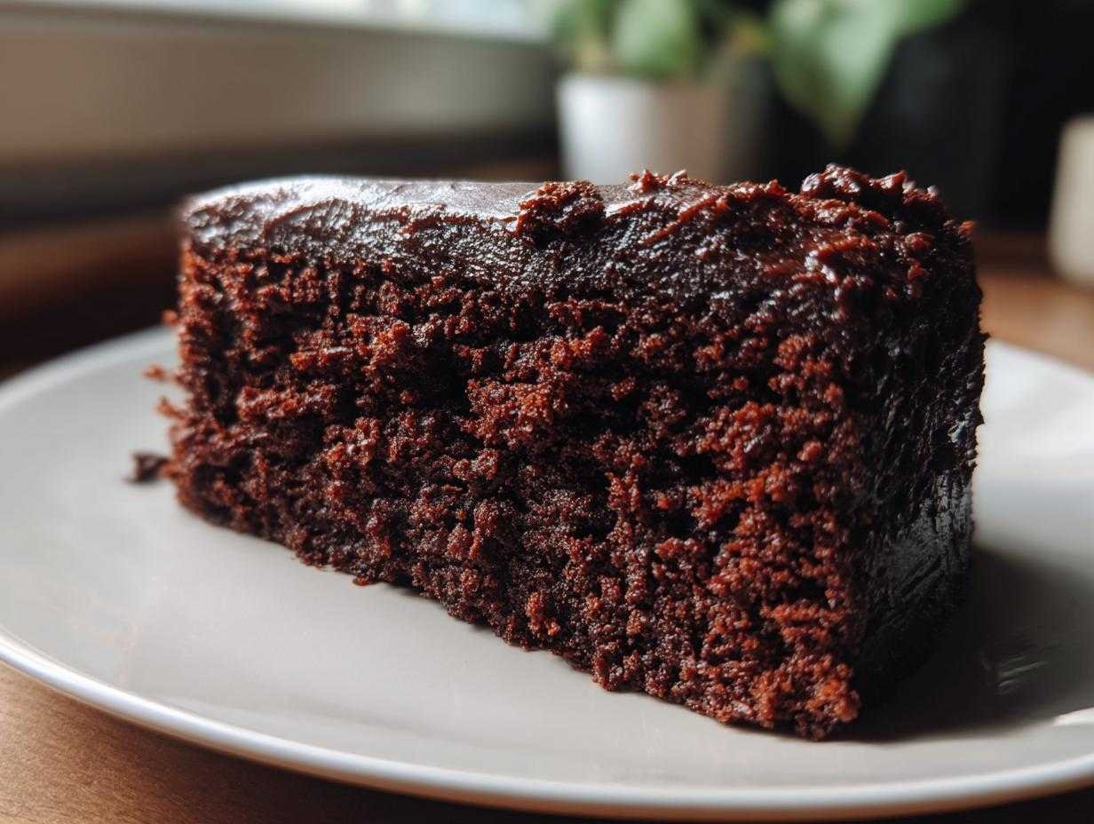 Gros plan d'une part de gâteau chocolat keto ultime, riche et moelleux, sur une assiette blanche.
