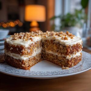 Gros plan d'un gâteau colibri keto maison coupé, révélant ses couches de génoise et de glaçage crémeux, garni de noix.